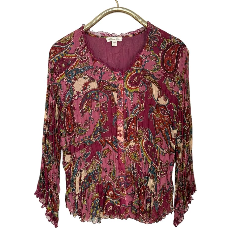 Coldwater Creek Paisley Crinkle Pleat Fairy Whimsy Flowy Blouse L